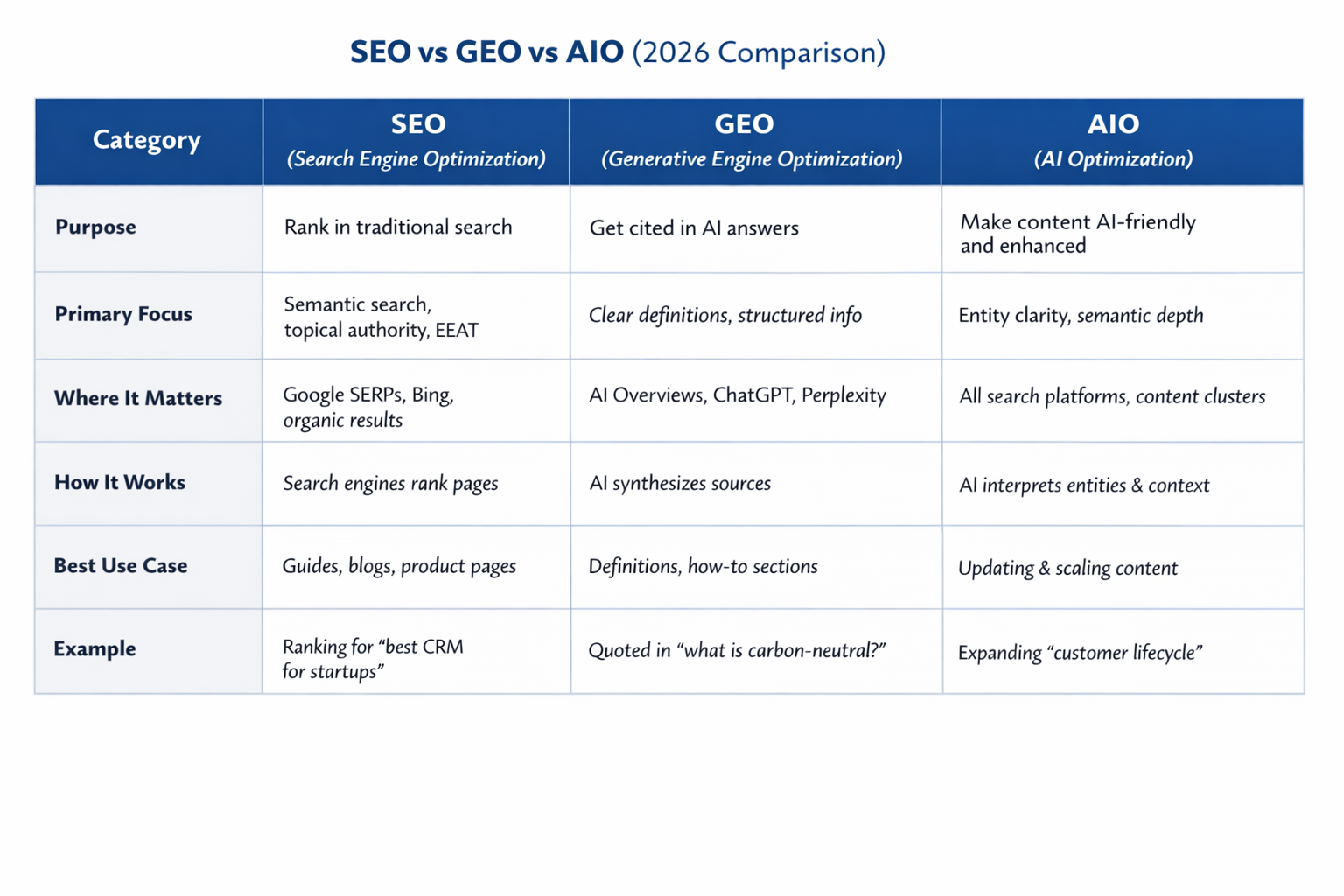SEO vs GEO vs AIO comparison table